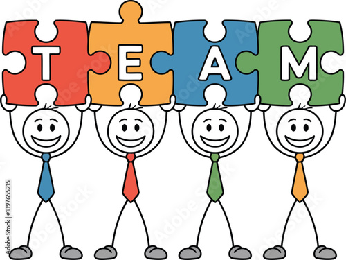 Vector illustration of four stick figures holding up colorful puzzle pieces with TEAM letters, for teamwork or collaboration concept, isolated on transparent background, png