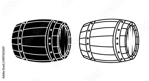 Barrel icons, silhouette and outline, wooden cask