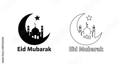 Eid Mubarak mosque icons, silhouette and outline with text