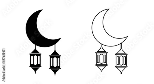 Moon with hanging lanterns icon for Islamic celebrations