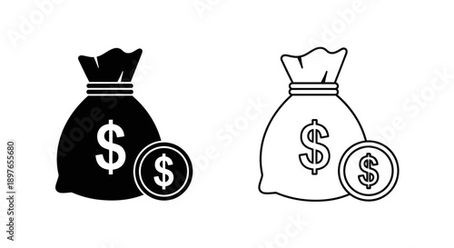 Money Bag Icon Vector Black White Finance Wealth Savings Currency