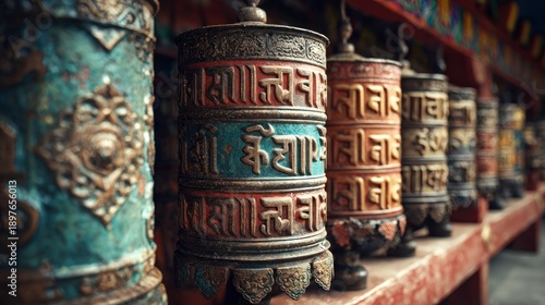 Line of Prayer Wheels with Intricate Carvings, Tibetan Buddhism Ritual Object