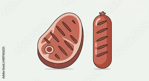Raw steak and sausage illustration.