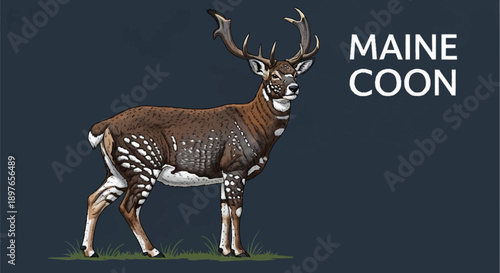 Majestic Maine Coon Deer with Antlers Standing on Grass.