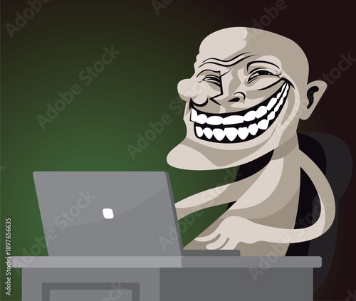 evil troll face meme using a computer for trolling in internet