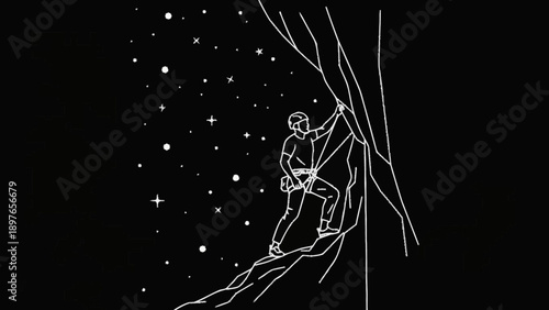 Man climbing a rock face under a starry night sky.
