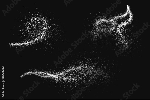 Falling white dust and fine powder particle splashes forming dynamic swirls, waves and flowing motion on dark background with realistic scattering texture and granular effect vector illustration