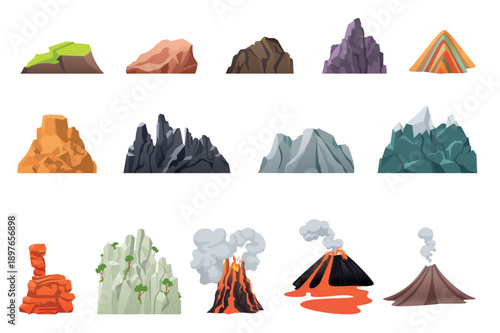 Collection of cartoon rocky mountains, cliffs, and erupting volcanoes in various shapes and colors, ideal for geology, adventure, and nature concepts, isolated on white background vector illustration