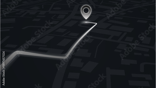 Modern city map in perspective view with highlighted navigation route and GPS pin, showing urban streets and destination tracking for travel and direction concepts vector illustration