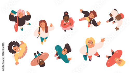 Group of cheerful men, women, and kids standing together, smiling and looking upward from an overhead perspective, showing diversity and friendship, isolated on white background vector illustration