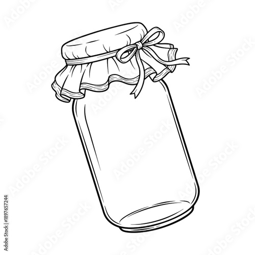 empty glass mason jar with fabric lid and ribbon bow vintage kitchen storage line art illustration