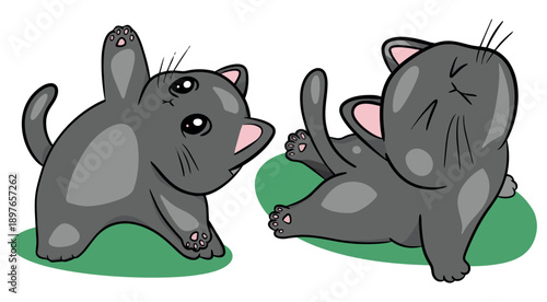 Two Cute Black Cats Doing Yoga Poses - Funny Zen Kittens Stretching on Green Mats Vector