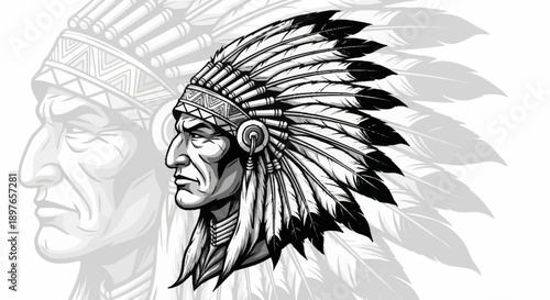 Native American Chief Headdress Warrior Profile Illustration.