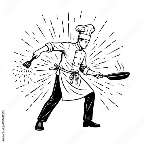 professional chef cooking with pan and spatula mascot energetic kitchen restaurant mascot vector