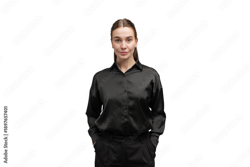 Fototapeta premium Woman in a black shirt stands confidently with hands in pockets against a plain background
