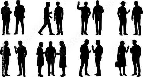 Black silhouettes of people talking to each other conversing standing