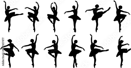 Ballet dancer silhouette set, classical poses, arabesque, pirouette, attitude, cartoon vector illustration, elegance, flexibility, dance movement, performance art 