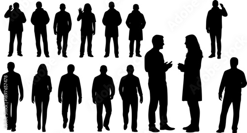 Black silhouettes of people talking to each other conversing standing
