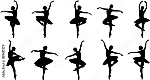 Ballet dancer silhouette set, classical poses, arabesque, pirouette, attitude, cartoon vector illustration, elegance, flexibility, dance movement, performance art 