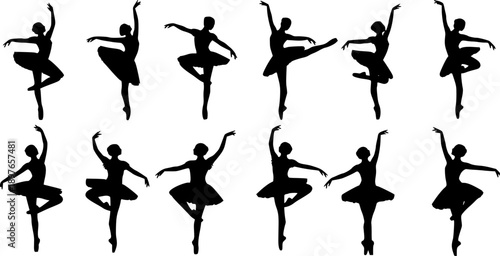 Ballet dancer silhouette set, classical poses, arabesque, pirouette, attitude, cartoon vector illustration, elegance, flexibility, dance movement, performance art 