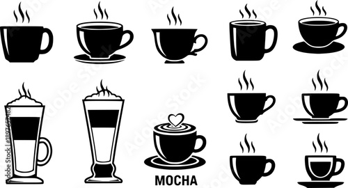 A collection of steaming cups of coffee on saucers, presented in a black and white graphic style.