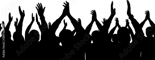 Black crowd silhouette of people with raised hands at concert or party event celebration, cad drawing flat vector illustration background