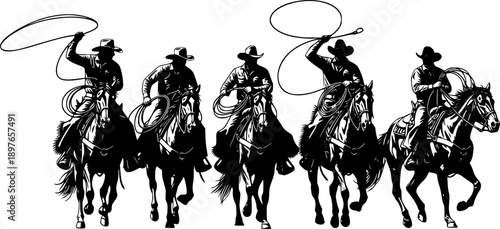 A vector silhouette 5 cowboys riding horses. Two of the ranch cowboys are holding lariats / ropes