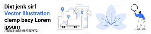 Delivery truck, map pins, connectivity lines, abstract flower, and person holding balloon. Ideal for logistics, connections, tech, delivery service data flow minimalism simple landing page