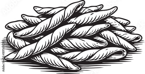 Pasta trofie heap studio scene twisted short pasta arrangement for menu illustration