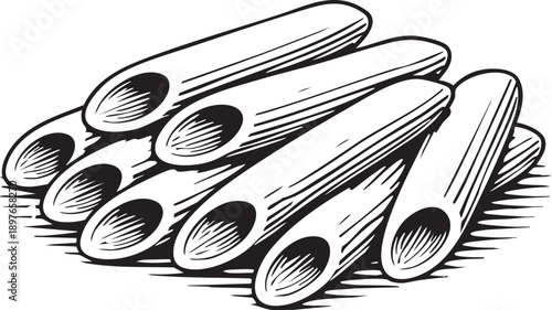 Pasta penne pile studio scene angled tube pasta composition for food packaging illustration