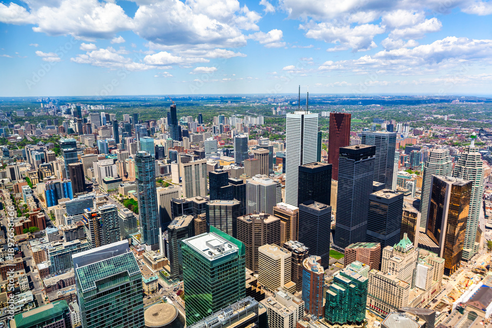 Naklejka premium Aerial perspective of the Toronto skyline. Toronto is the most populous city in Canada and the capital city of the Canadian province of Ontario