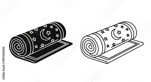 Yoga mat icons, silhouette and outline, rolled up