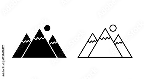Mountain icons, silhouette and outline, landscape symbol