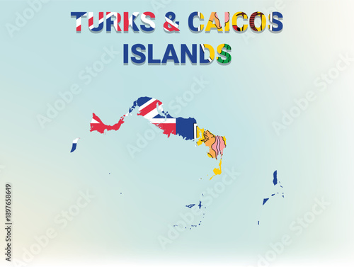 A modern flat illustration of the map of Turks and Caicos Islands filled with the national flag