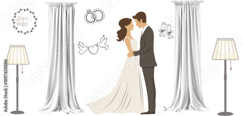Minimalist Wedding Illustration of Bride and Groom in Love