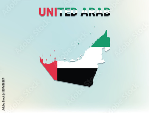 A modern flat illustration of the map of United Arab Emirates filled with the national flag of United Arab Emirates