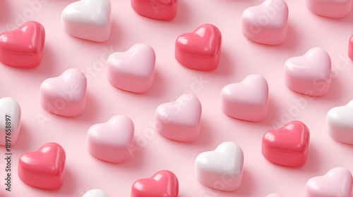 Isometric Pink Hearts Tiled in Dense Geometric Layout on Pink Background