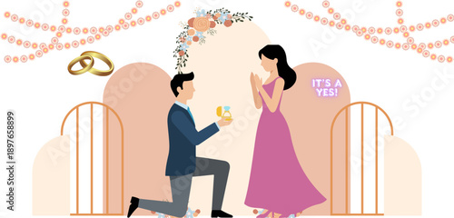 Modern Flat Wedding Illustration with Happy Couple