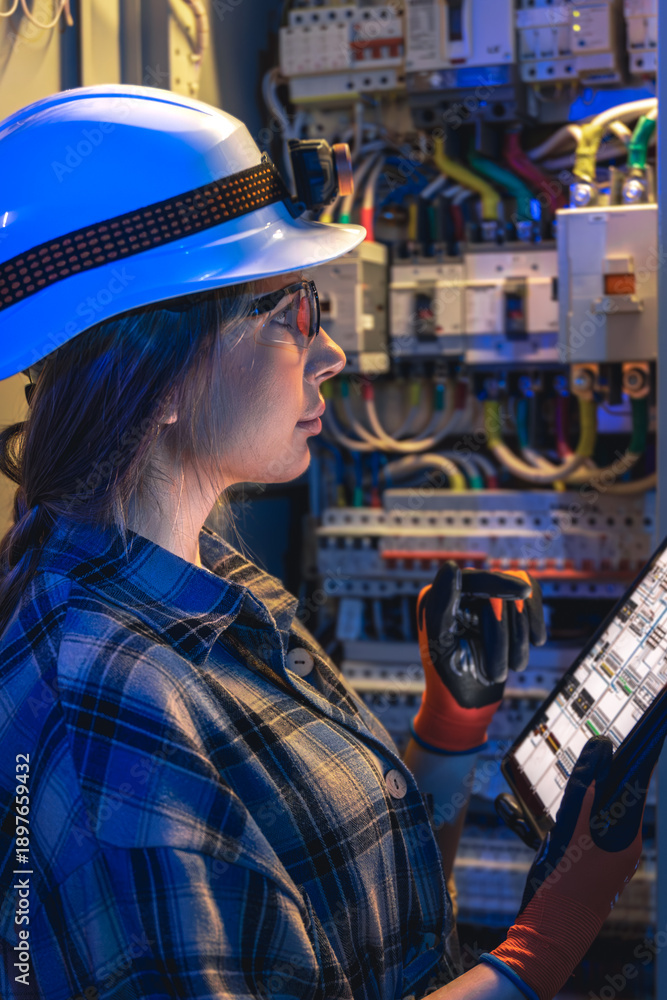 Obraz premium Woman electrician checks panel and logs data on tablet. Close portrait.