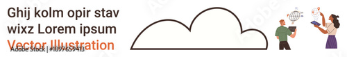 Cloud computing, digital storage, online communication, brainstorming, collaboration, technology trends. A cloud icon with two people discussing connected ideas. Cloud computing and online
