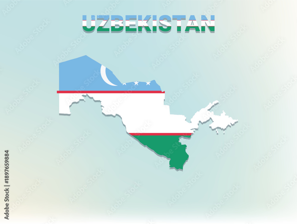 Obraz premium A modern flat illustration of the map of Uzbekistan filled with the national flag of Uzbekistan