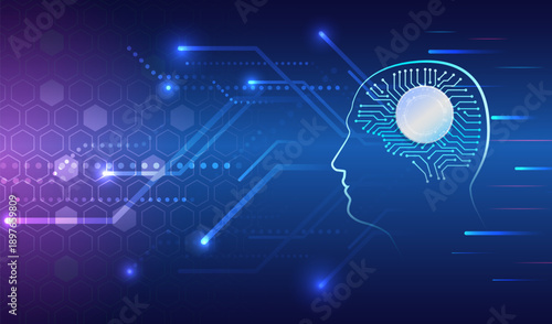 Futuristic illustration of human head with glowing digital brain and circuit lines on blue background, representing artificial intelligence, data flow, neural networks, and advanced technology.