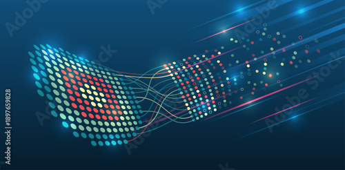 Abstract big data visualization with flowing dots and light trails, representing data transfer, analytics, artificial intelligence, and high-speed digital information processing.