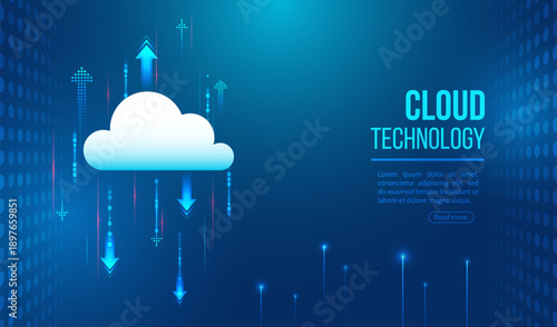 Cloud technology concept with data upload and download arrows on a blue digital background, representing cloud computing, storage, synchronization, and online services.