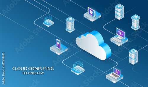 Isometric cloud computing illustration with servers, laptops, and secure devices connected to a central cloud, representing data storage, networking, cybersecurity, and modern IT infrastructure.