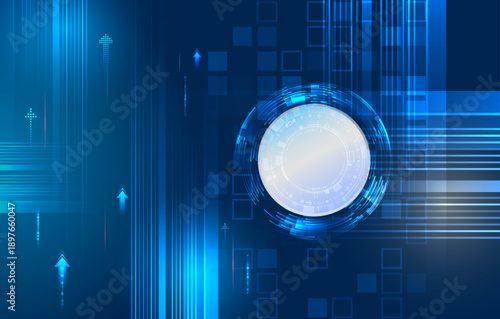 Futuristic technology background with a glowing circular interface, dynamic lines, and arrows, symbolizing data flow, digital innovation, system control, and advanced high-tech processes.