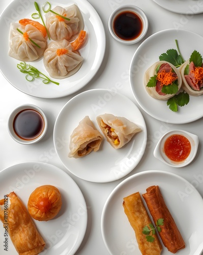 Assorted Asian Dim Sum and Spring Roll Served on White Plate with Sauce Top View Food Photography
