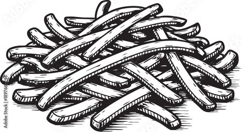 Potato fries pile isolated scene thin cut shoestring style for menu packaging and branding use