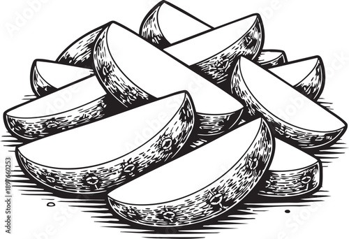 Potato wedges stacked on plain background showing thick rustic cuts for menu illustration and packaging