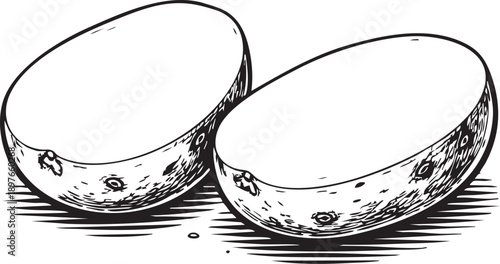 Potato halves placed on plain background showing clean interior cut for food illustration and packaging